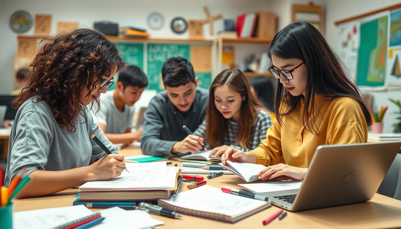 Student using a study guide to organize academic notes